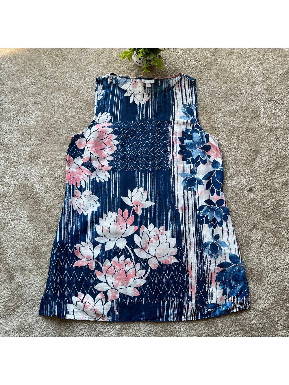 Pure Jill Linen Blue Floral Print Sleeveless Lagenlook Tunic Size: Medium